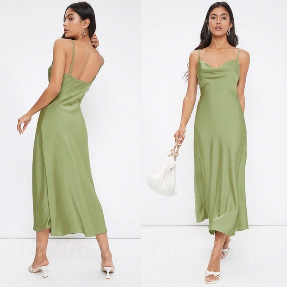 Green Satin Cami Dress Midi Adjustable Spaghetti Straps - Picture 1 of 7